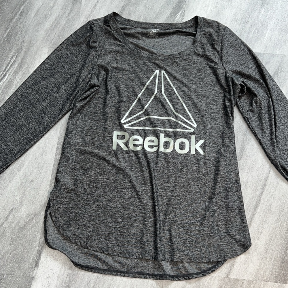 Black & grey marl long sleeved dryfit workout top Reebok large thumbholes - Picture 7 of 12